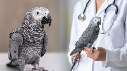 A veterinarian in a white coat carefully examines a grey parrot while holding it in their hands