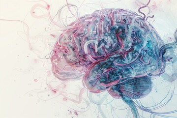 Cybernetic brain on pure white background, intricate art with thoughts floating, creative, crisp and clean graphic. Generative AI tools