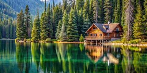 Obraz premium Chalet on crystal lake surrounded by pine trees, chalet, crystal lake, pine trees, nature, serene, tranquil, peaceful