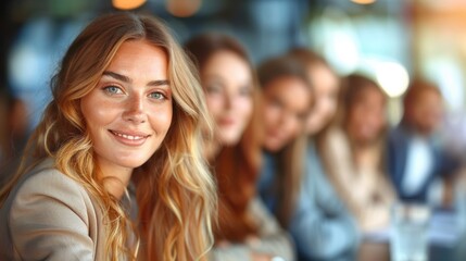 Portrait of a confident young businesswoman with long blonde hair smiling in front of her team. Concept of leadership, teamwork, and success in business.