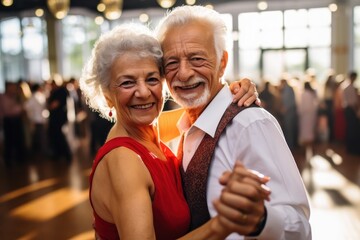 Happy senior couple dancing at a party.  Joyful elderly man and woman enjoying retirement life, celebrating anniversary, or attending a wedding reception.