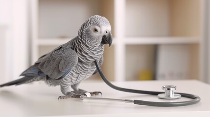 A veterinarian in a white coat carefully examines a grey parrot while holding it in their hands