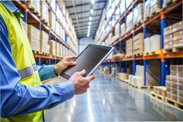 Fototapeta premium A man wearing a yellow vest is holding a tablet in a warehouse. The warehouse is filled with boxes and shelves, and the man is looking at the tablet. Concept of productivity and organization