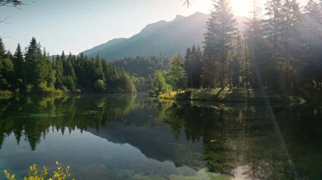 Moving over painterly lake surrounded with conifer forests towards the sun, shot in Bavaria, Germany
