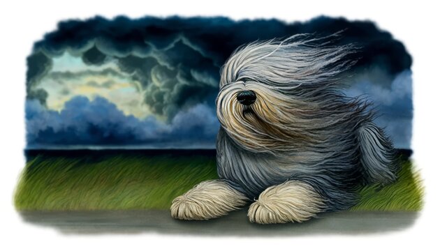 A shaggy dog with a long, wild fur, similar to an Old English Sheepdog, in a windy scene with its fur dramatically blowing to the side.