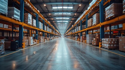 Fototapeta premium Warehouse Interior with Rows of Shelves and Boxes