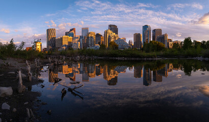 Downtown Calgary reflected on Prince's Island wetlands