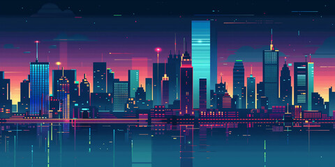 Pixel art retro wave. panorama of big city. wide banner. Space for text. neon cyberpunk digital 8 16 32 64 bit painting. poster, flyer, banner, email, header, social media post. Generative Ai content