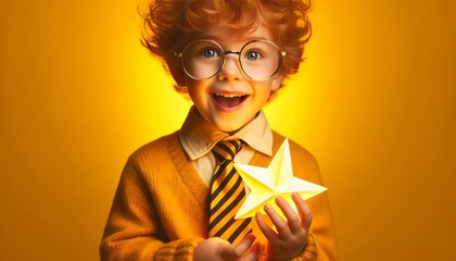 A young child with curly red hair and glasses, wearing a yellow sweater and tie, holding a glowing star with an excited expression.