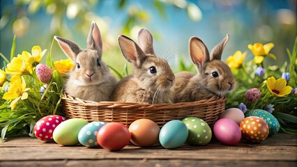 Charming arrangement of beautifully decorated Easter eggs nestled in a festive setting with rabbits, Easter, eggs
