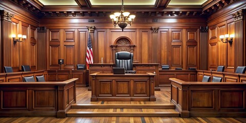 Classical courtroom interior with judge's chair and wooden bench, courtroom, interior, classical, judge's chair, wooden, bench, judge