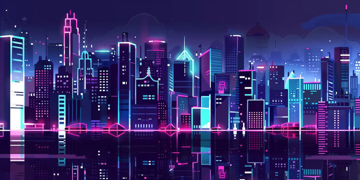 Pixel art retro wave. panorama of big city. wide banner. Space for text. neon cyberpunk digital 8 16 32 64 bit painting. poster, flyer, banner, email, header, social media post. Generative Ai content