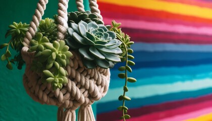 A close-up view of a knotted macrame hanging planter, with thick, spiral-leaved succulents drooping down, backdropped by a brightly colored wall.