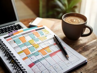 Calendar schedule planner plan and agenda reminder, online work at home. a person plans daily appointments and writes business trips in a diary at the office desk. Calendar reminder event planning