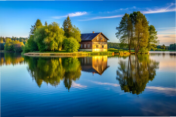 A house sits on a small island in a lake. The water is calm and the sky is blue