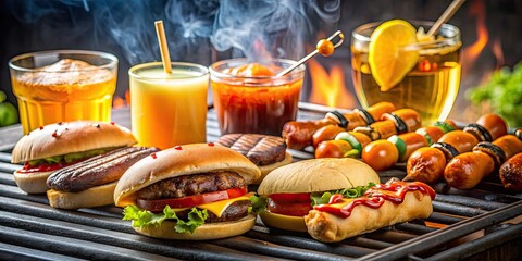 Burgers and hot dogs cooking on a BBQ grill with a selection of drinks , BBQ, grilling, outdoor cooking, summer, food