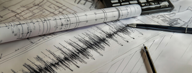 Blueprints and a seismograph on a table, with a calculator and pens scattered around, indicating an engineering or architectural setting.