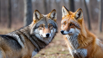 Fototapeta premium Gray wolf and red fox stand in forest, looking at each other. Animals outdoors. Wildlife