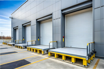 A large building with three loading docks. The building is grey and has a modern look. The loading docks are yellow and white, and there are several trucks parked in front of them
