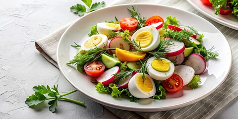 Boiled egg salad with fresh vegetables and herbs on white plate, healthy, food, salad, boiled egg, vegetable, fresh, nutritious