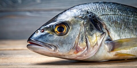 Close-up of a cleaned dorado fish head ready for cooking , dorado, fish, head, close-up, cleaned, ready, cooking, food, seafood