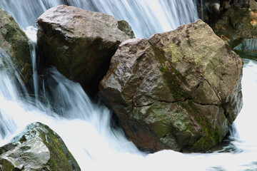 A small waterfall flows down a rocky cliff in a forested area