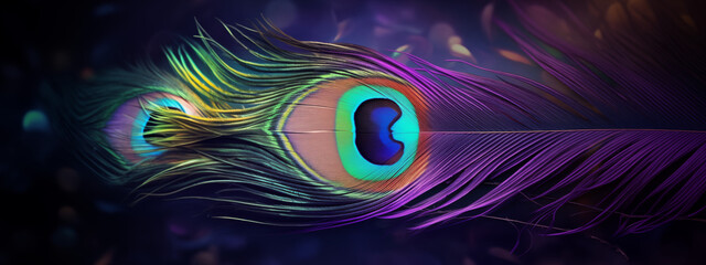 Close-up of a Single Vibrant Peacock Feather in a Dark Background