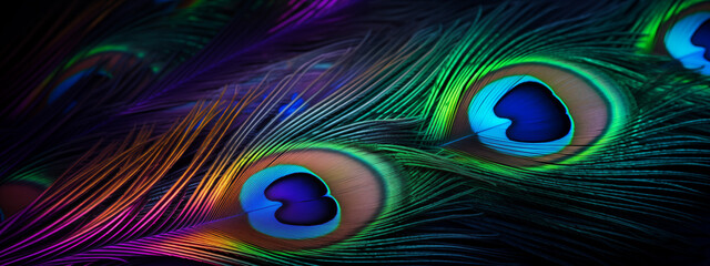 Peacock Feathers in a Dark Background Showcasing Their Brilliant Colors