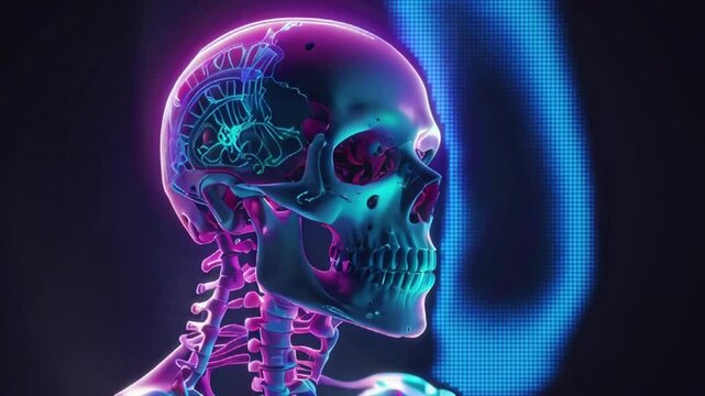 Anatomical Model: Highly detailed human skull and upper skeleton, side profile against a dark background. Color-coded in blue, purple, and pink, perfect for educational and medical purposes.