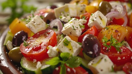 Close-Up of a Fresh Greek Salad with Feta Cheese