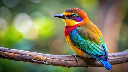 Fototapeta premium Close-up of a colorful bird perched on a tree branch, avian, wildlife, feathers, plumage, nature, beak, wings, perch, tree