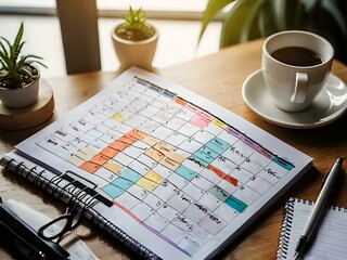 Calendar schedule planner plan and agenda reminder, online work at home. a person plans daily appointments and writes business trips in a diary at the office desk. Calendar reminder event planning