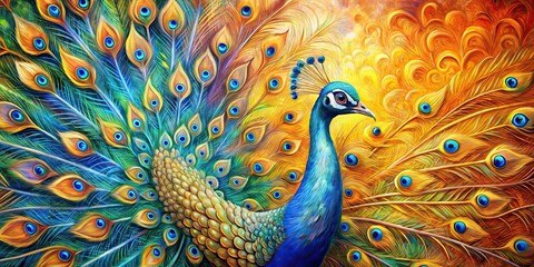 Fototapeta premium Colorful and detailed painting of a peacock with vibrant feathers spread, against abstract orange, yellow
