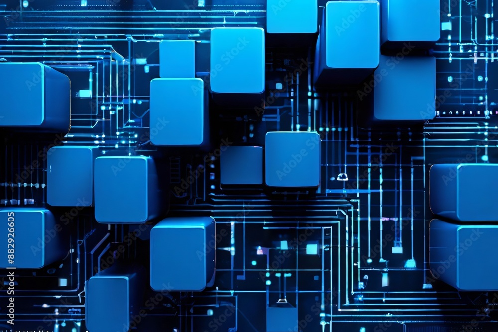 Aufkleber abstract background of blue cubes with glowing circuits, representing technology, blockchain, big da