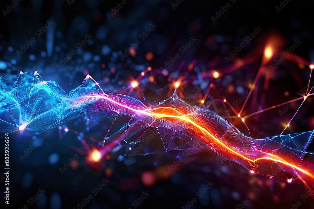 Poster abstract background with flowing lines, dots and particles. concept of technology, science, data, an