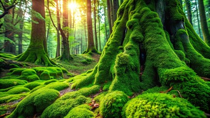 Close up of vibrant green moss covering trees in a lush forest setting , moss, trees, forest, Thailand, nature, green