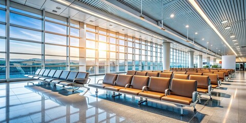 Naklejka premium Clean and modern airport interior with spacious seating and natural lighting, airport, interior, clean
