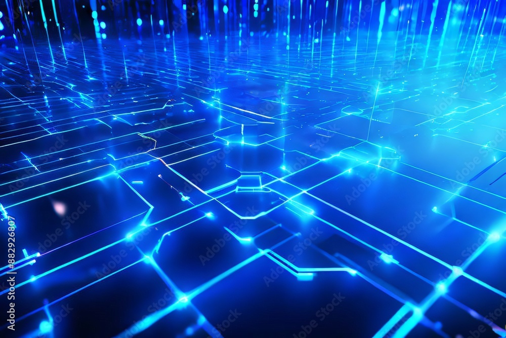 Poster futuristic technology. abstract background of glowing blue circuit board and data streams
