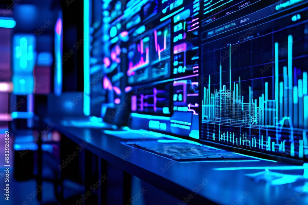 Poster futuristic technology background. glowing charts, graphs, and data analysis on computer screens