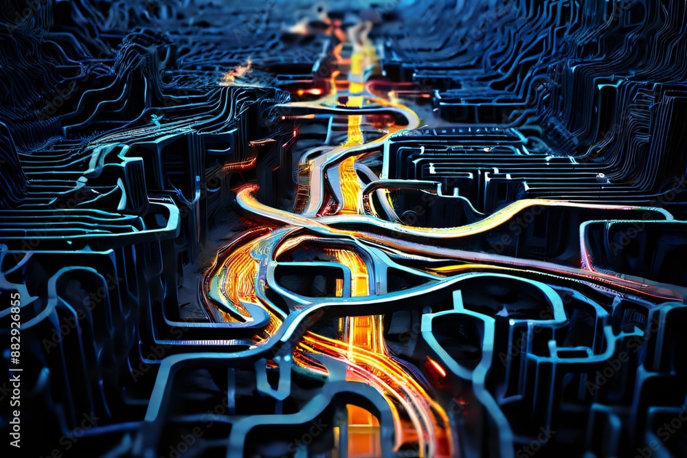 Poster futuristic circuit board with flowing data streams. technology, ai, and computing concept