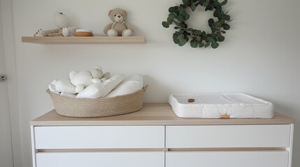 Two rustic wooden shelves are mounted on a white wall, decorated with a framed picture, a stuffed animal, a folded blanket, a woven basket, and a large green wreath
