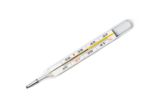 mercury-in-glass thermometer with temperature mark 39 c isolated on white or transparent png background