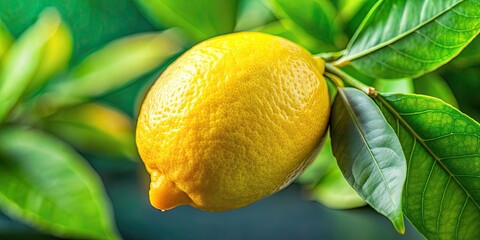 Close up of a vibrant lemon with green leaves, lemon, citrus, fruit, fresh, yellow, organic, sour, tropical, healthy, natural