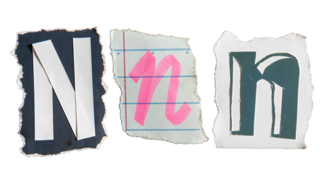 N alphabet torn from a magazine paper. Ransom note style letters.