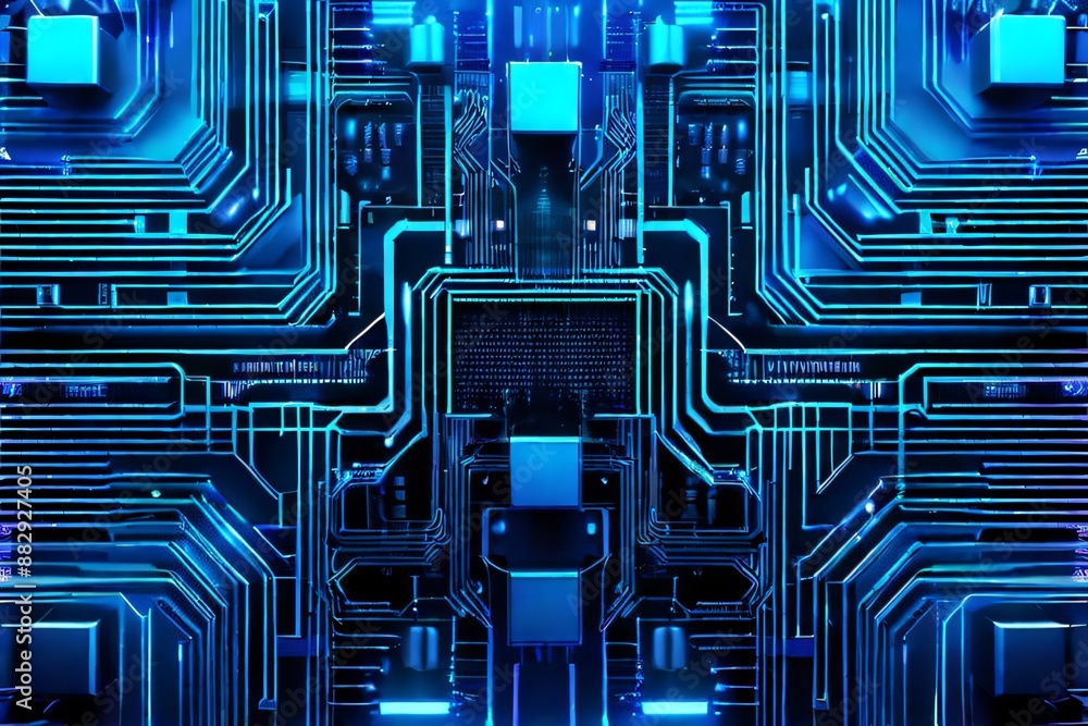 Poster futuristic circuit board with glowing blue lights. technology and computing background