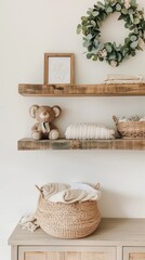 Two rustic wooden shelves are mounted on a white wall, decorated with a framed picture, a stuffed animal, a folded blanket, a woven basket, and a large green wreath