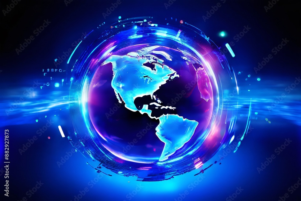 Poster digital earth. holographic globe with glowing lights and data streams. perfect for concepts about gl