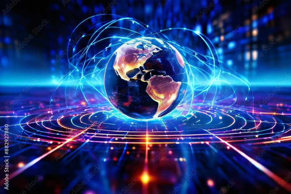 Poster futuristic global network. planet earth connected by data streams and technology