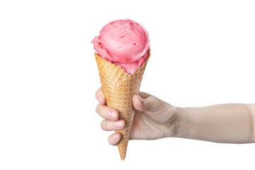 Woman's hand holding waffle cone with strawberry ice cream isolated on white or transparent png...