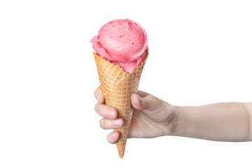 Woman's hand holding waffle cone with strawberry ice cream isolated on white or transparent png background food